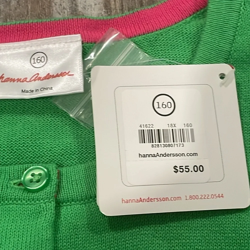 Hanna Andersson Green & Pink Valentine’s Heart Cardigan Cotton Button Up NEW